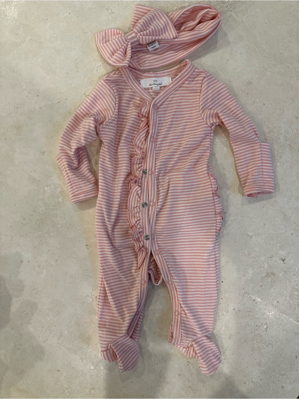 Starting out Pink Stripe Ruffle Footed One-Piece with Headband